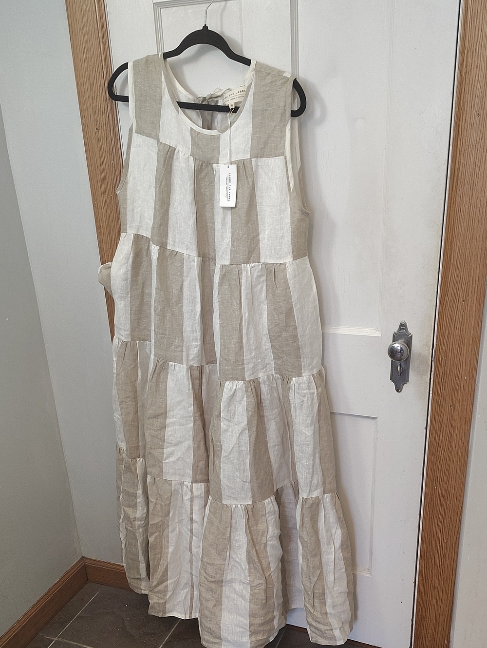 NWT LAUDE the Label Organic Linen Tiered Maxi Dress Tulum Stripe XL